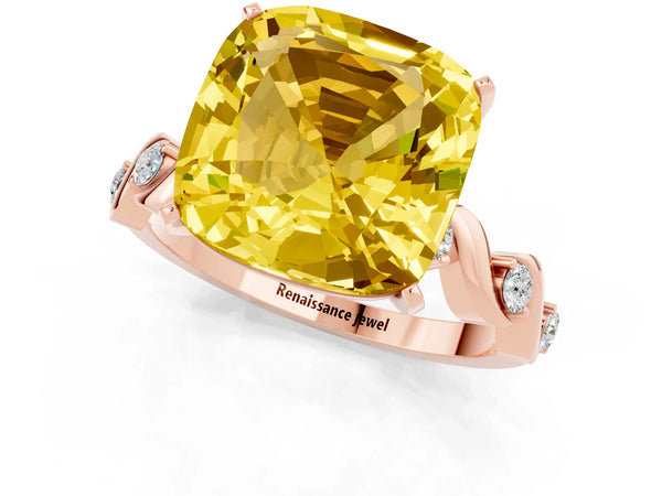 Rose gold Cushion Cut Yellow Sapphire Solitaire Twisted Band with Round  Accents and Prong Setting