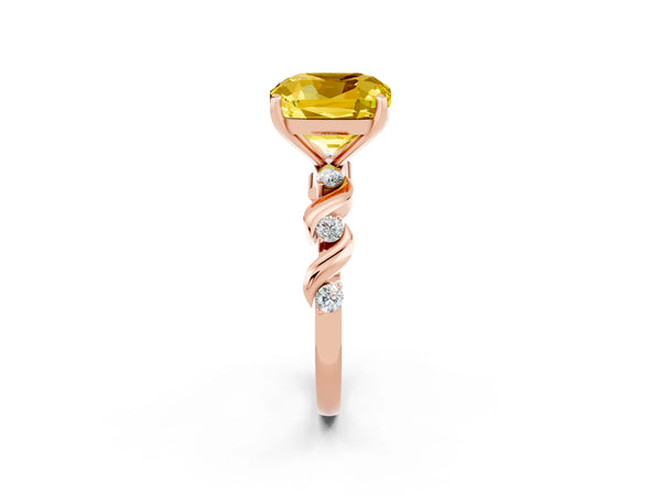 Rose gold Cushion Cut Yellow Sapphire Solitaire Twisted Band with Round  Accents and Prong Setting