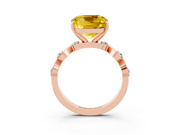 Rose gold Cushion Cut Yellow Sapphire Solitaire Twisted Band with Round  Accents and Prong Setting