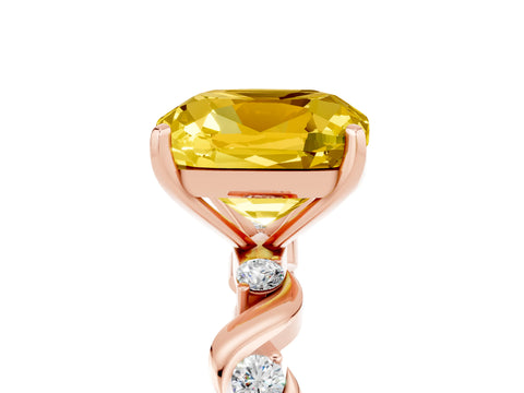 Rose gold Cushion Cut Yellow Sapphire Solitaire Twisted Band with Round  Accents and Prong Setting_17