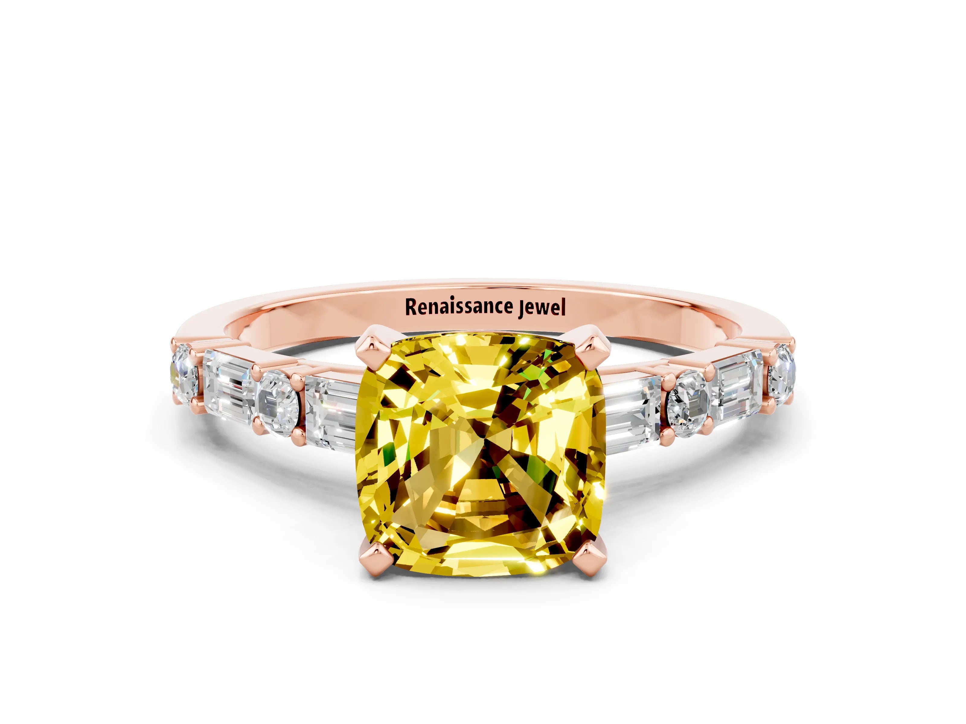 Rose gold Cushion Cut Yellow Sapphire Solitaire with Side Baguettes and Channel Set Band_24