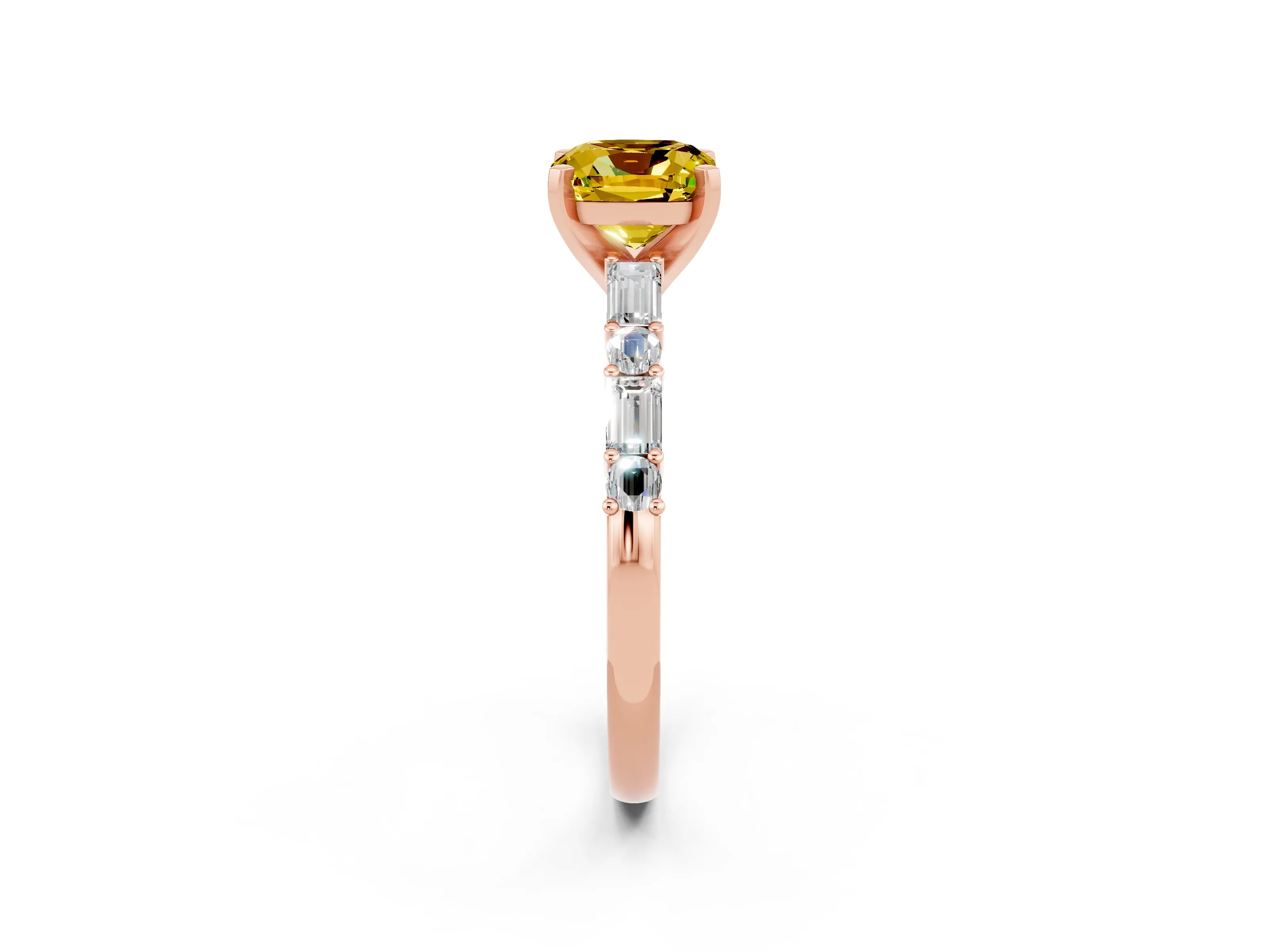 Rose gold Cushion Cut Yellow Sapphire Solitaire with Side Baguettes and Channel Set Band_26