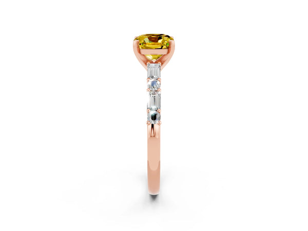 Rose gold Cushion Cut Yellow Sapphire Solitaire with Side Baguettes and Channel Set Band