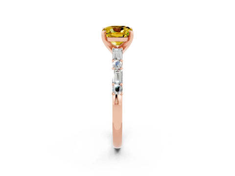 Rose gold Cushion Cut Yellow Sapphire Solitaire with Side Baguettes and Channel Set Band_26