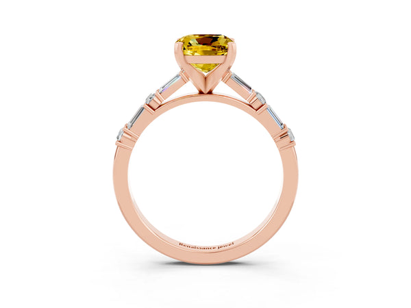 Rose gold Cushion Cut Yellow Sapphire Solitaire with Side Baguettes and Channel Set Band