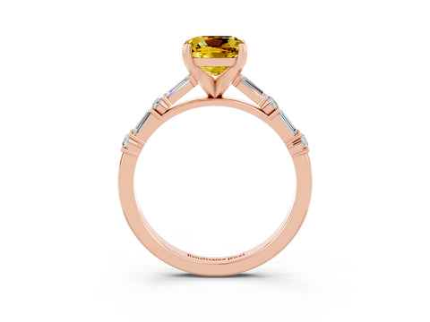 Rose gold Cushion Cut Yellow Sapphire Solitaire with Side Baguettes and Channel Set Band_27