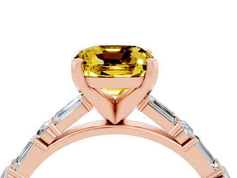 Rose gold Cushion Cut Yellow Sapphire Solitaire with Side Baguettes and Channel Set Band_28