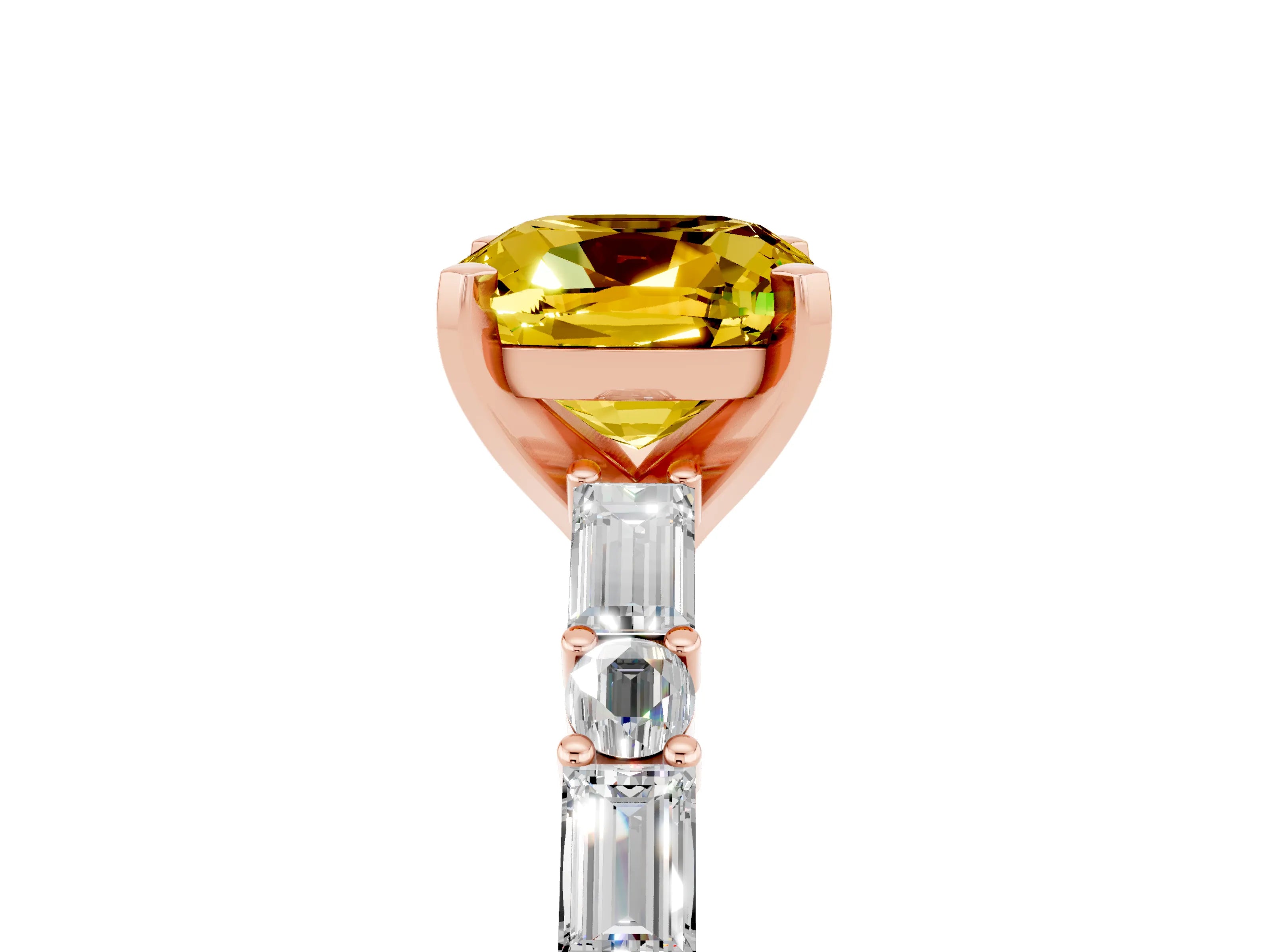 Rose gold Cushion Cut Yellow Sapphire Solitaire with Side Baguettes and Channel Set Band_29