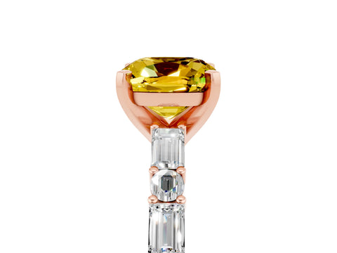 Rose gold Cushion Cut Yellow Sapphire Solitaire with Side Baguettes and Channel Set Band_29