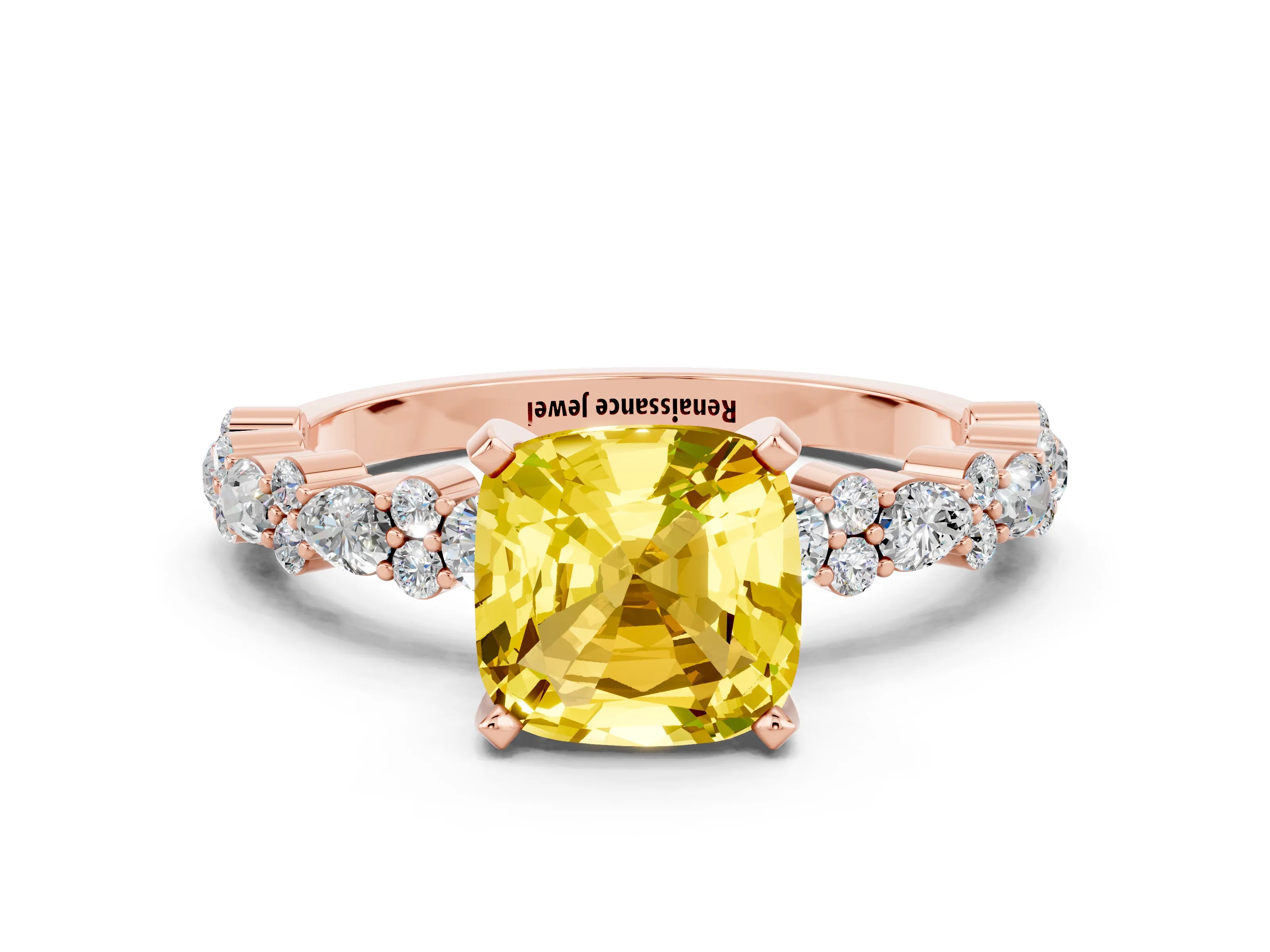 Rose gold Cushion Cut Yellow Sapphire Solitaire with Side Stones, Pave Band, Four-Prong Setting_60
