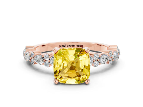 Rose gold Cushion Cut Yellow Sapphire Solitaire with Side Stones, Pave Band, Four-Prong Setting_60