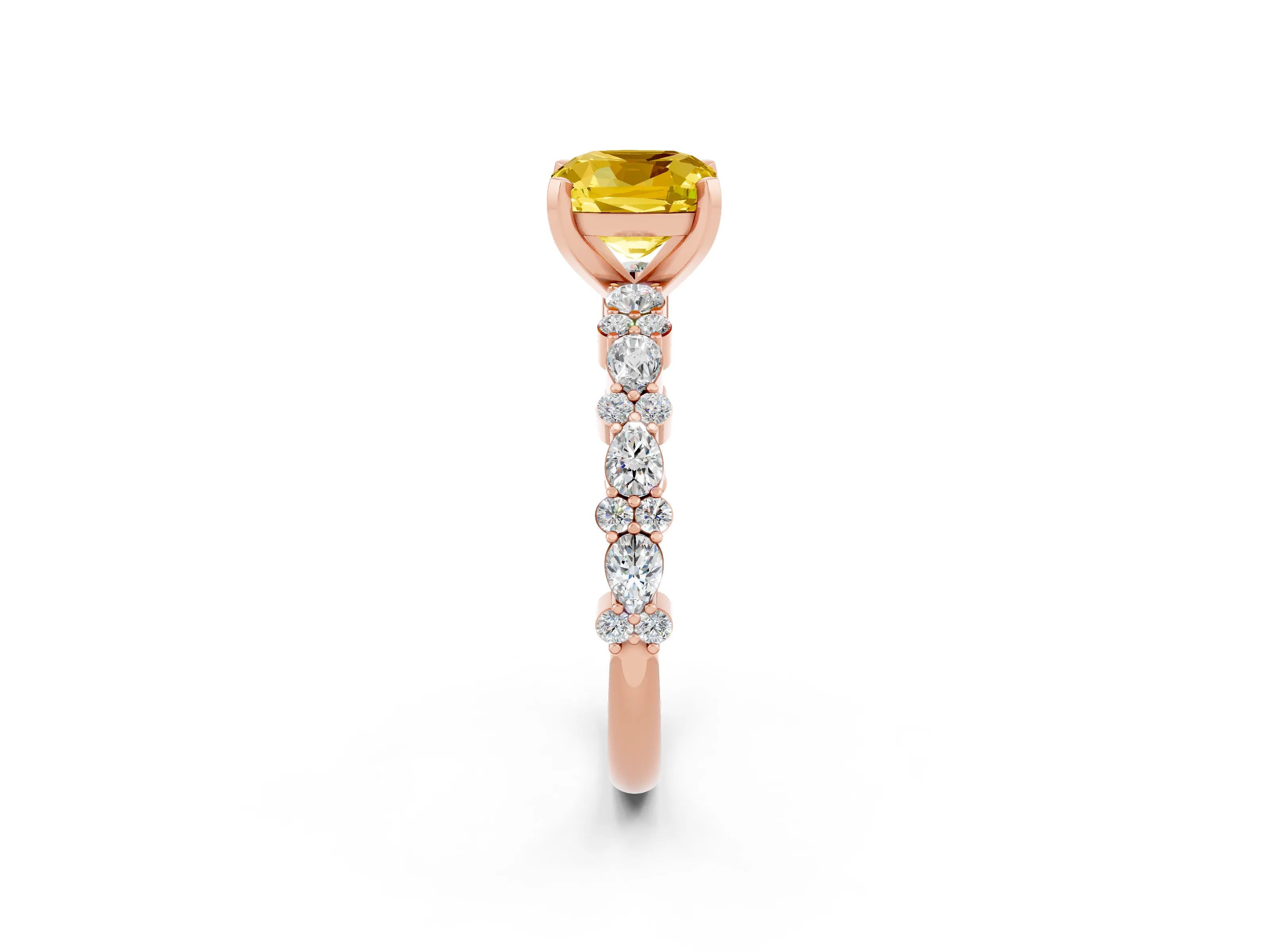 Rose gold Cushion Cut Yellow Sapphire Solitaire with Side Stones, Pave Band, Four-Prong Setting_62