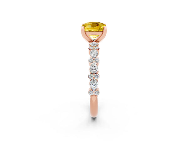 Rose gold Cushion Cut Yellow Sapphire Side Stone Solitaire Ring with Round  and Four-Prong Setting