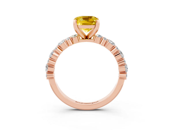 Rose gold Cushion Cut Yellow Sapphire Side Stone Solitaire Ring with Round  and Four-Prong Setting