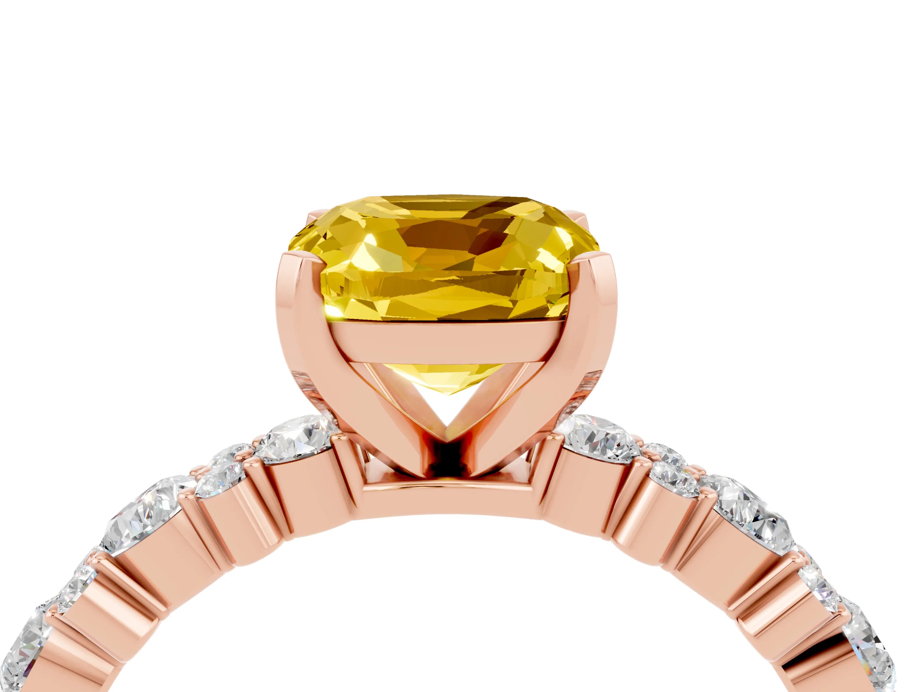 Rose gold Cushion Cut Yellow Sapphire Solitaire with Side Stones, Pave Band, Four-Prong Setting_64