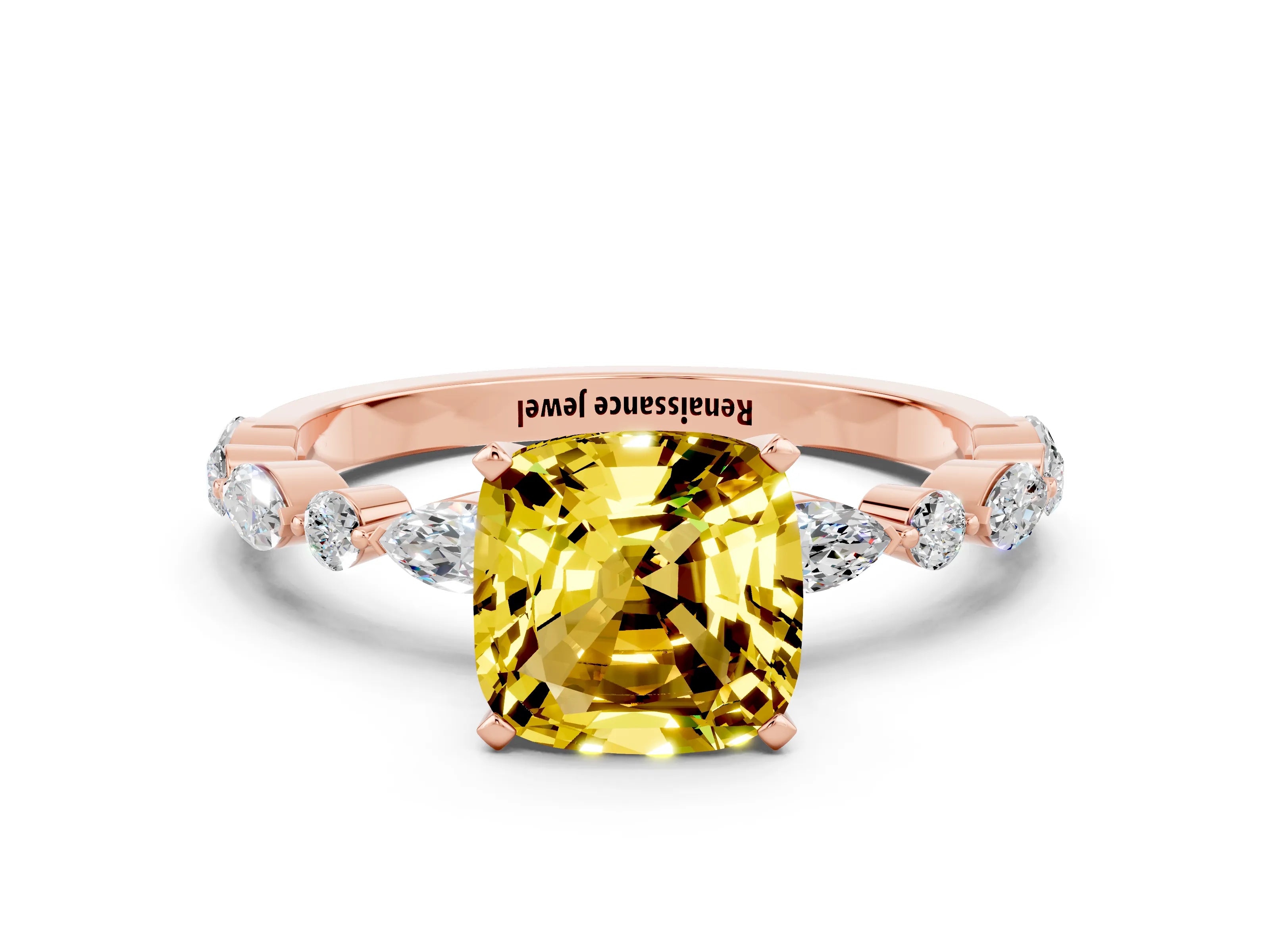 Rose gold Cushion Cut Yellow Sapphire Solitaire with Side Stones on a Pavé Band and Four-Prong Setting_24