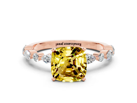 Rose gold Cushion Cut Yellow Sapphire Solitaire with Side Stones on a Pavé Band and Four-Prong Setting_24