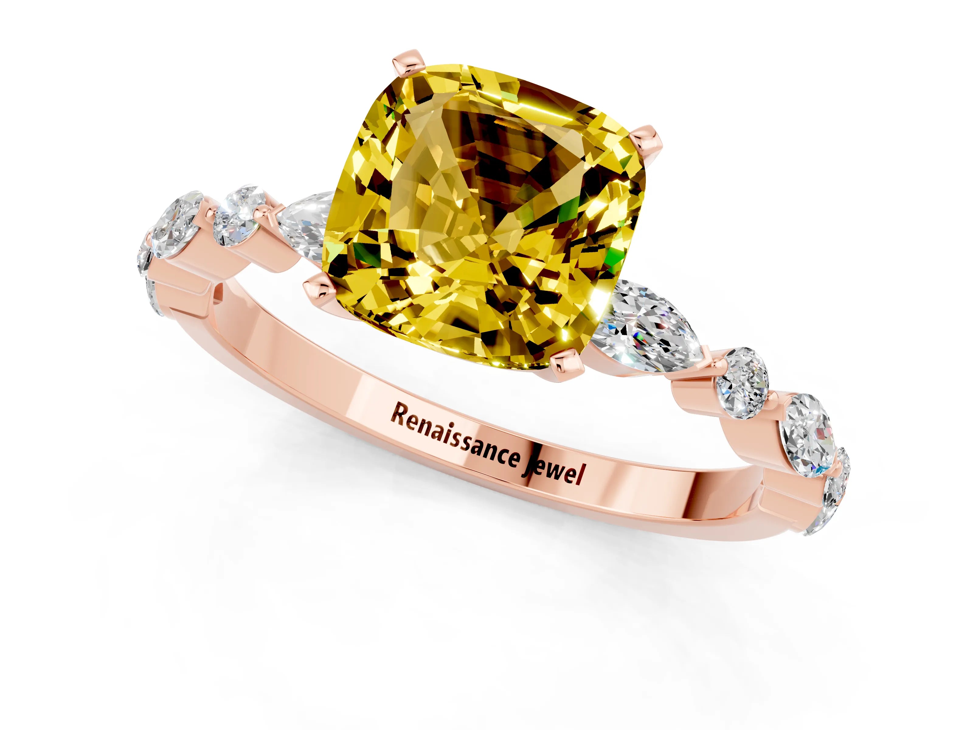 Rose gold Cushion Cut Yellow Sapphire Solitaire with Side Stones on a Pavé Band and Four-Prong Setting_25