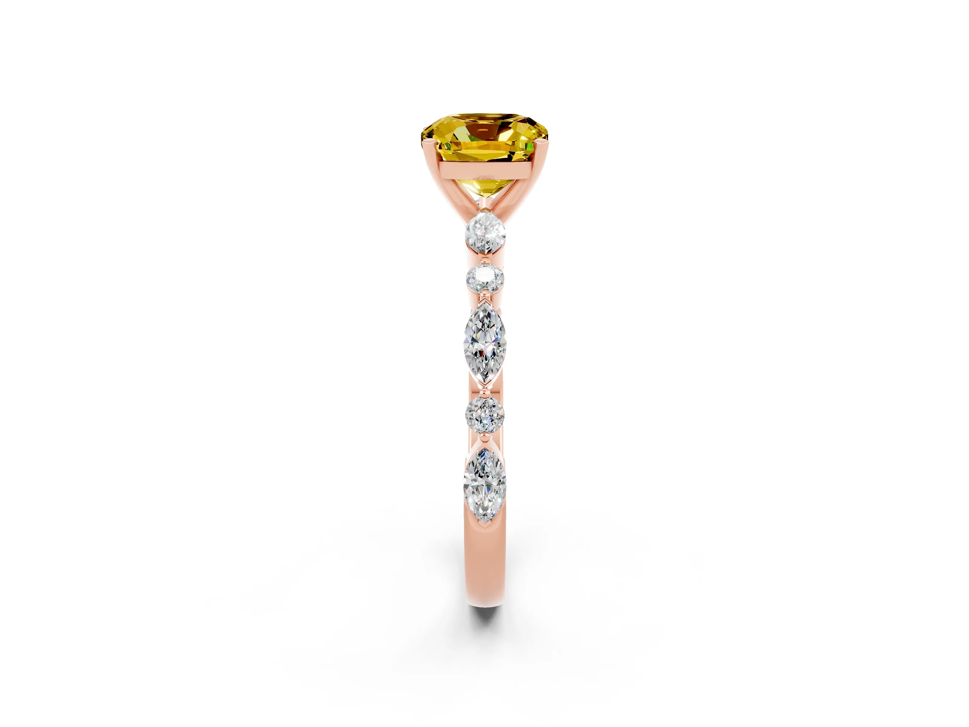 Rose gold Cushion Cut Yellow Sapphire Solitaire with Side Stones on a Pavé Band and Four-Prong Setting_26