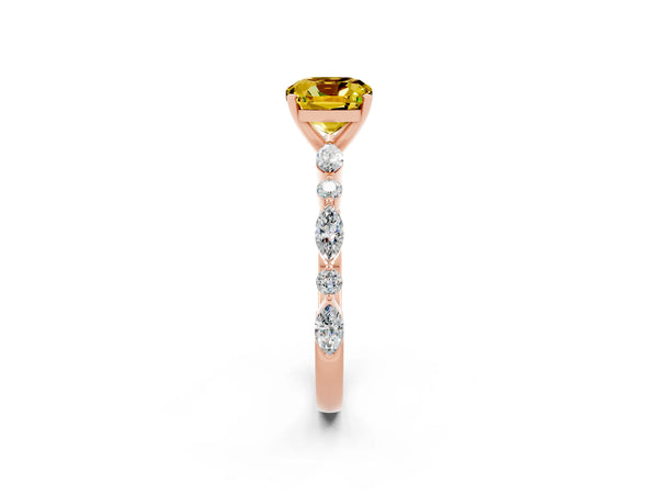 Rose gold Cushion Cut Yellow Sapphire Ring with Marquise and Round  Side Stones and Four-Prong Setting