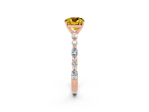 Rose gold Cushion Cut Yellow Sapphire Solitaire with Side Stones on a Pavé Band and Four-Prong Setting_26