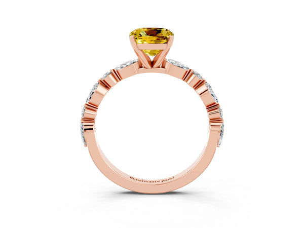 Rose gold Cushion Cut Yellow Sapphire Ring with Marquise and Round  Side Stones and Four-Prong Setting