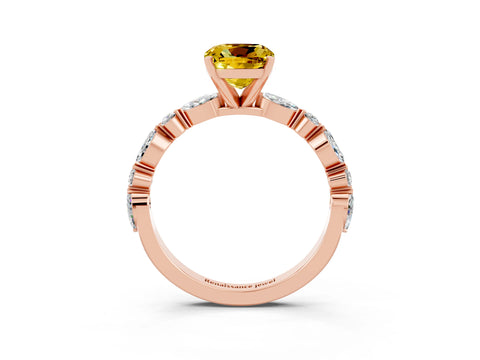 Rose gold Cushion Cut Yellow Sapphire Solitaire with Side Stones on a Pavé Band and Four-Prong Setting_27