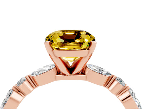 Rose gold Cushion Cut Yellow Sapphire Solitaire with Side Stones on a Pavé Band and Four-Prong Setting_28