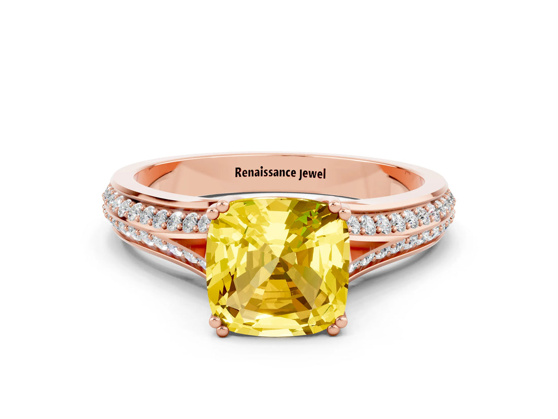 Rose gold Cushion Cut Yellow Sapphire Split Shank Engagement Ring with Pavé Band_24