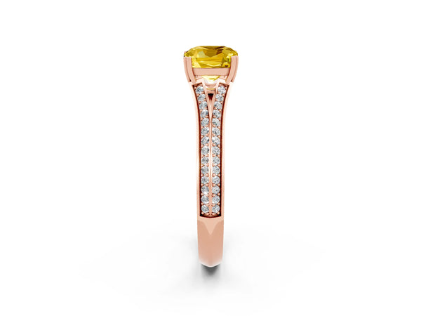 Rose gold Cushion Cut Yellow Sapphire Split Shank Engagement Ring with Pavé Band