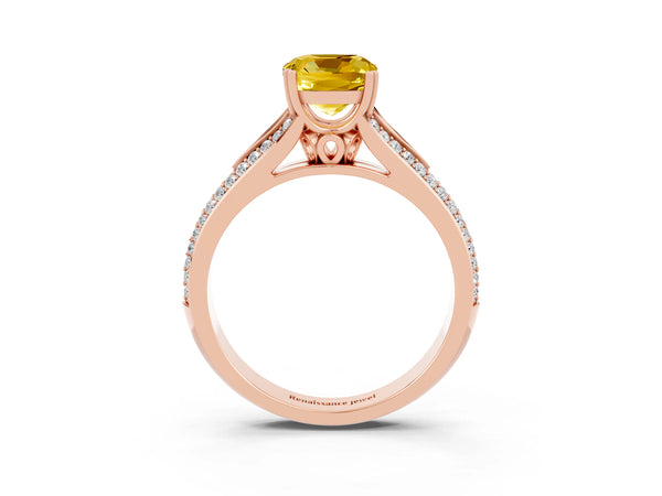 Rose gold Cushion Cut Yellow Sapphire Split Shank Engagement Ring with Pavé Band