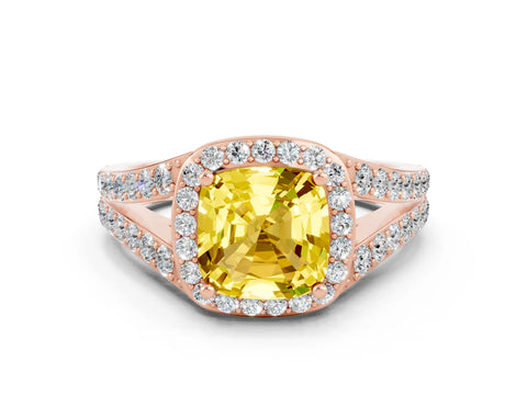 Rose gold Cushion Cut Yellow Sapphire Split Shank Halo Ring with Four-Prong Setting_12