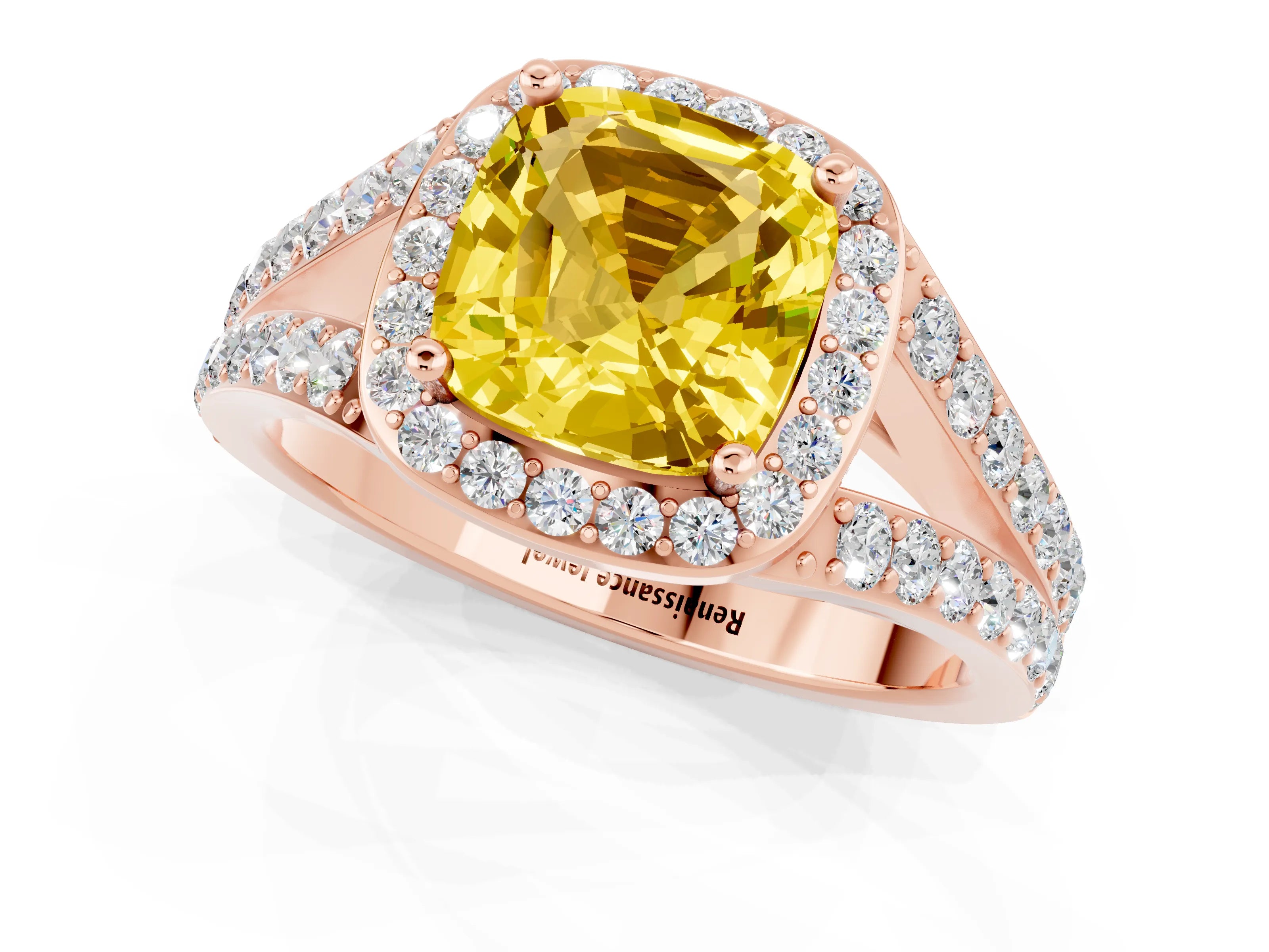 Rose gold Cushion Cut Yellow Sapphire Split Shank Halo Ring with Four-Prong Setting_13