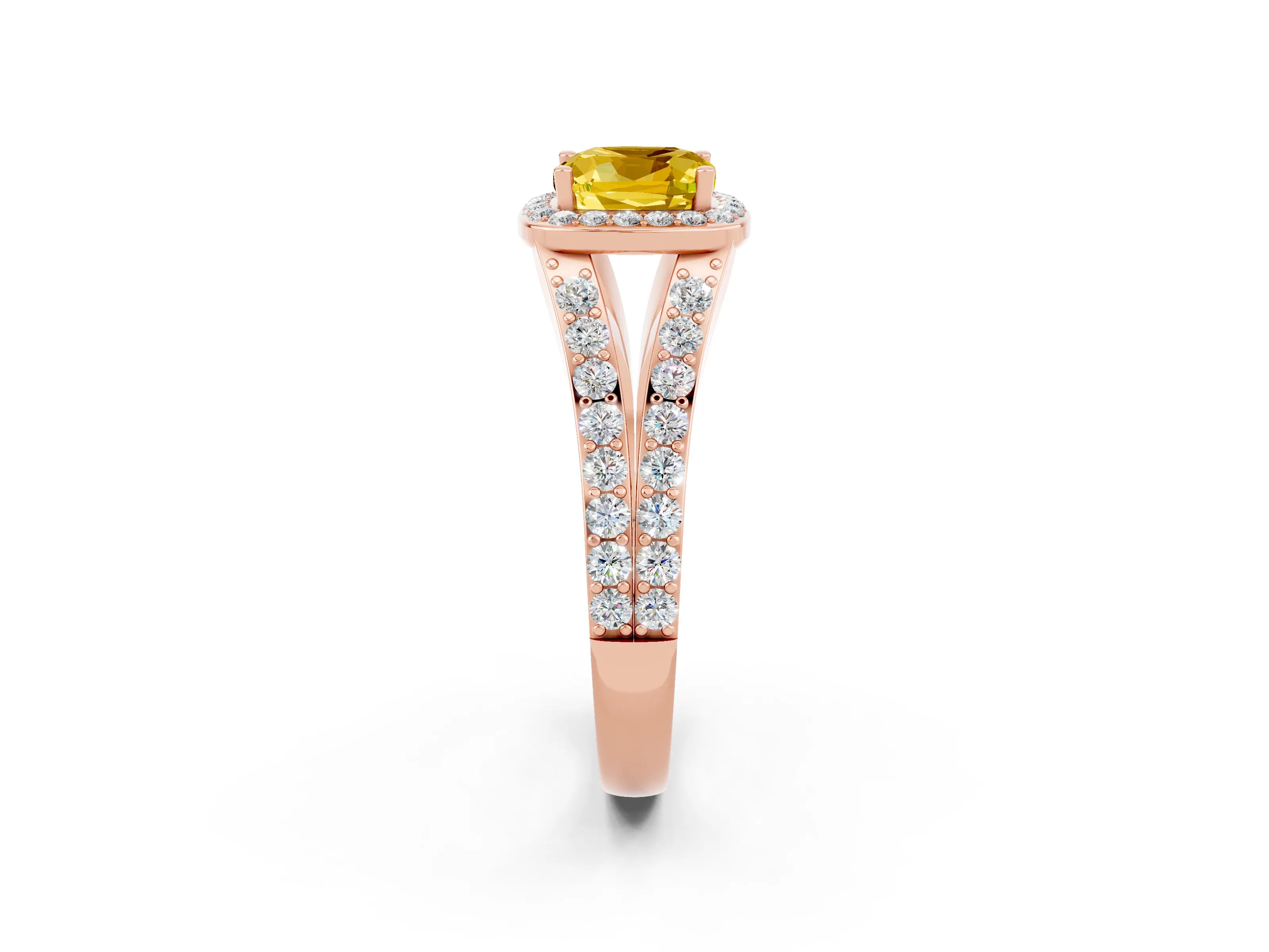 Rose gold Cushion Cut Yellow Sapphire Split Shank Halo Ring with Four-Prong Setting_14