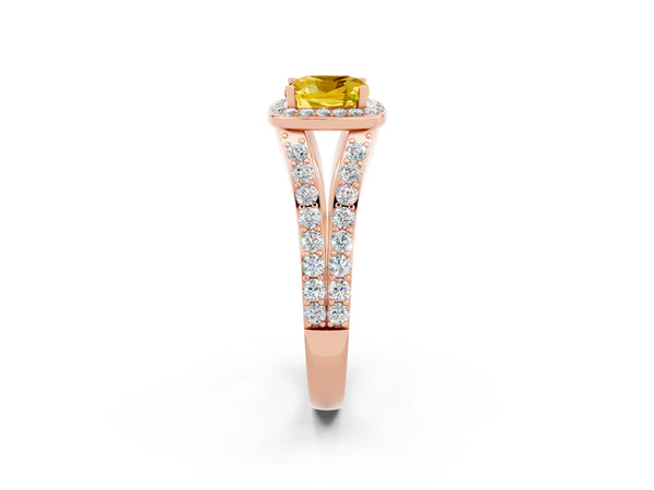 Rose gold Cushion Cut Yellow Sapphire Split Shank Halo Ring with Four-Prong Setting