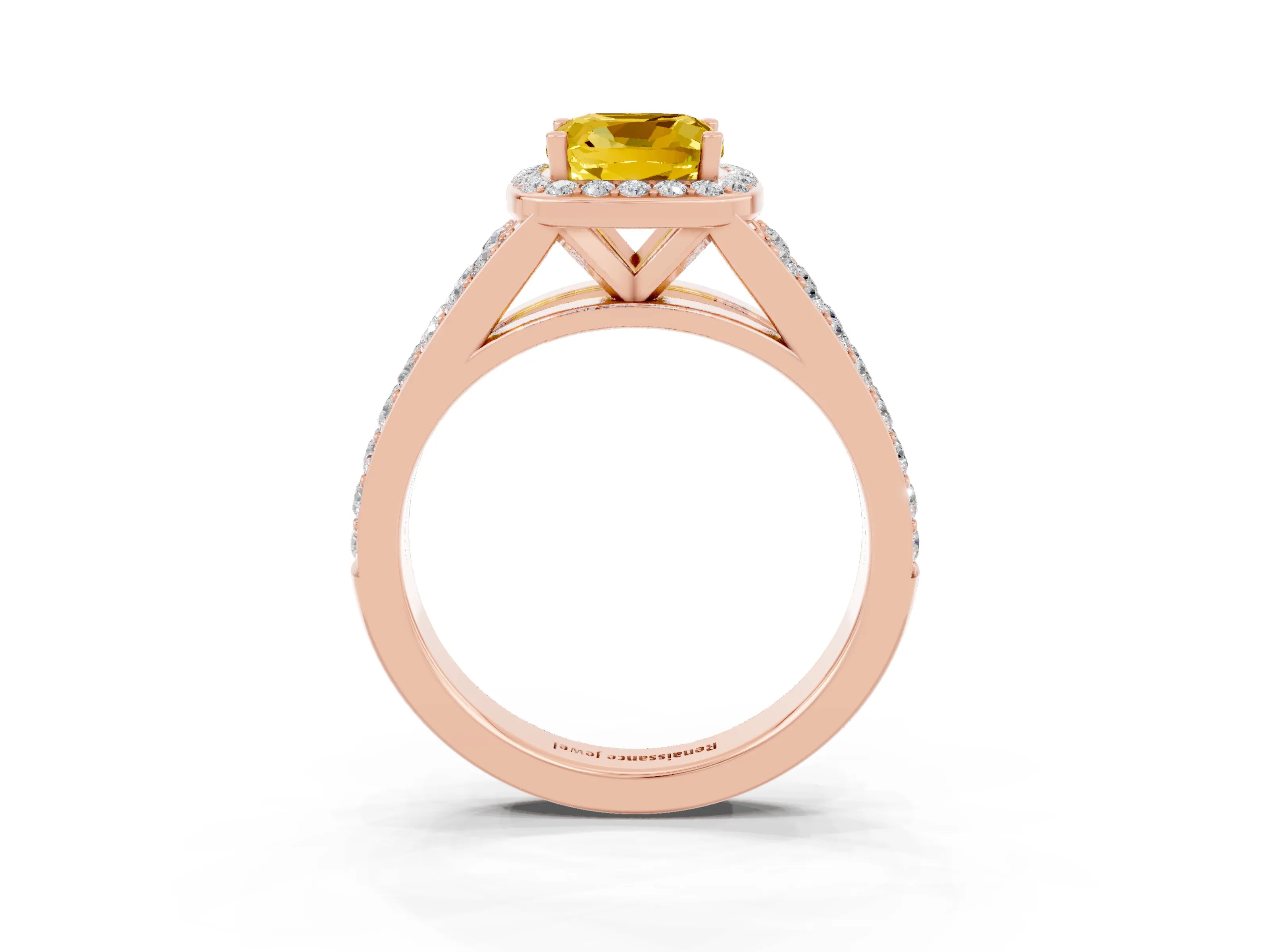 Rose gold Cushion Cut Yellow Sapphire Split Shank Halo Ring with Four-Prong Setting_15
