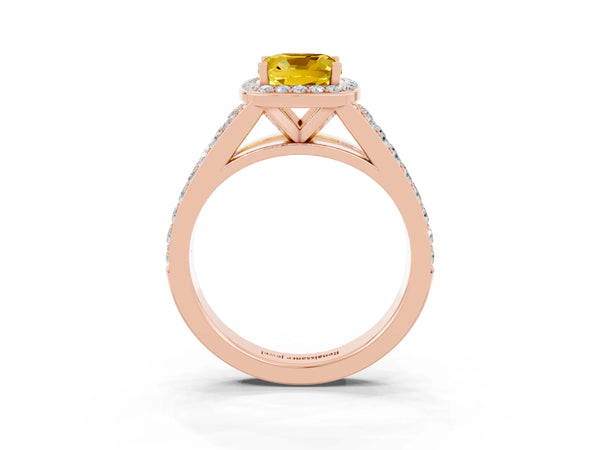 Rose gold Cushion Cut Yellow Sapphire Split Shank Halo Ring with Four-Prong Setting
