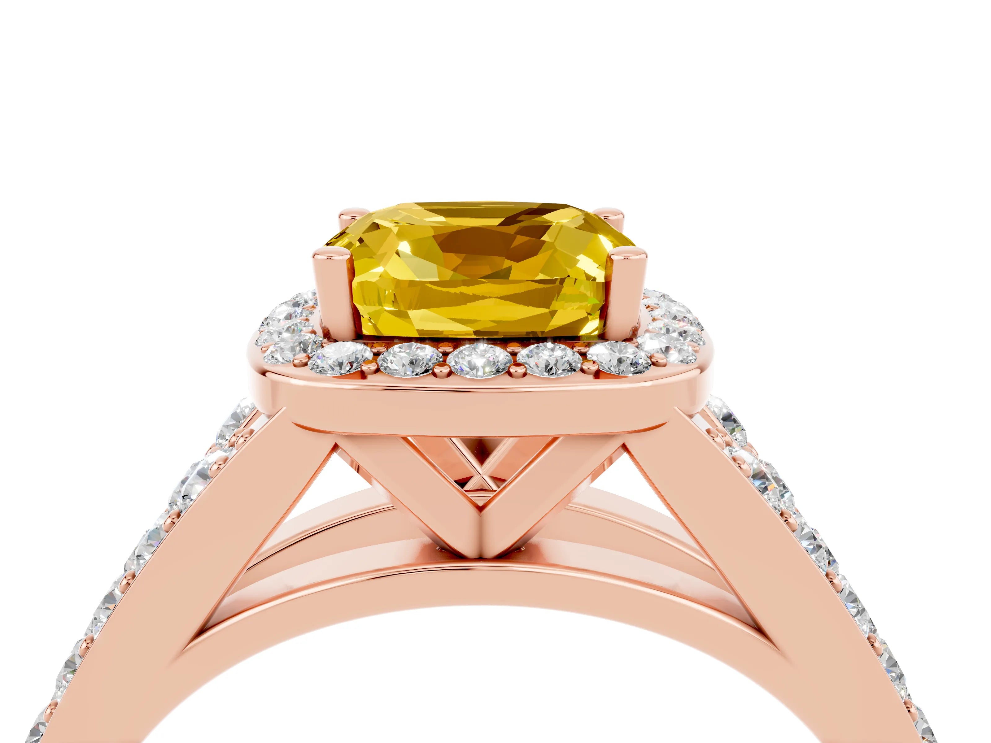 Rose gold Cushion Cut Yellow Sapphire Split Shank Halo Ring with Four-Prong Setting_16