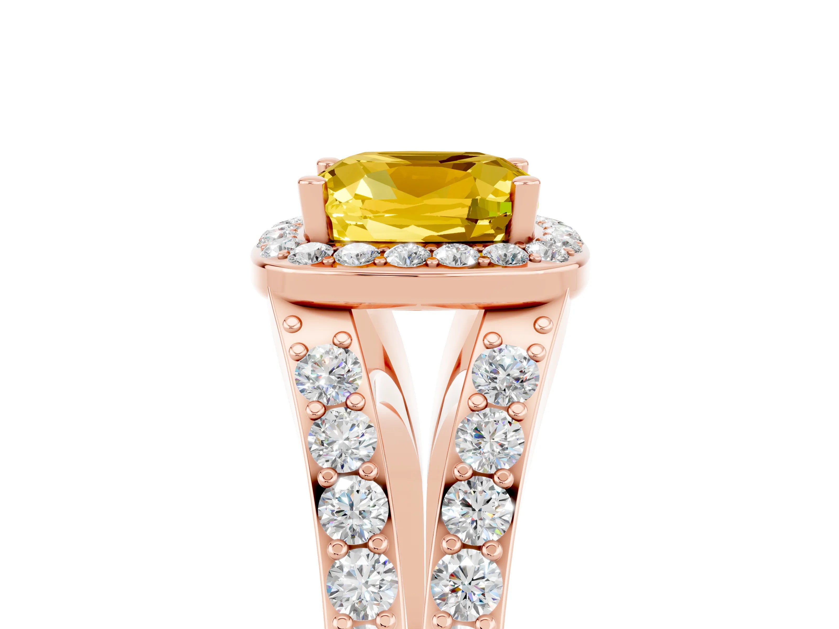 Rose gold Cushion Cut Yellow Sapphire Split Shank Halo Ring with Four-Prong Setting_17