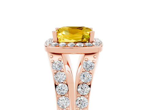 Rose gold Cushion Cut Yellow Sapphire Split Shank Halo Ring with Four-Prong Setting_17