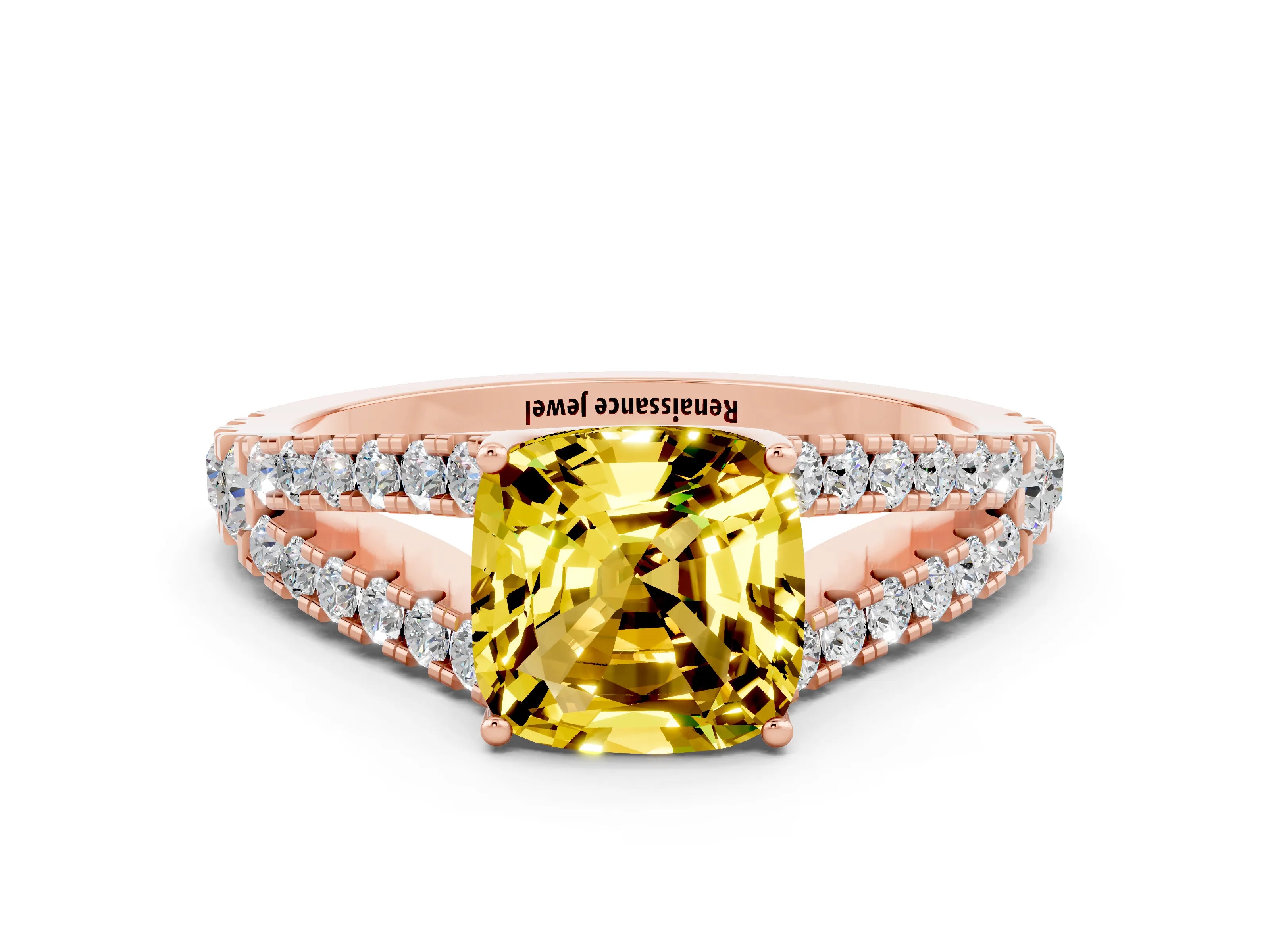 Rose gold Cushion Cut Yellow Sapphire Split Shank Pavé Engagement Ring with Four-Prong Setting_12