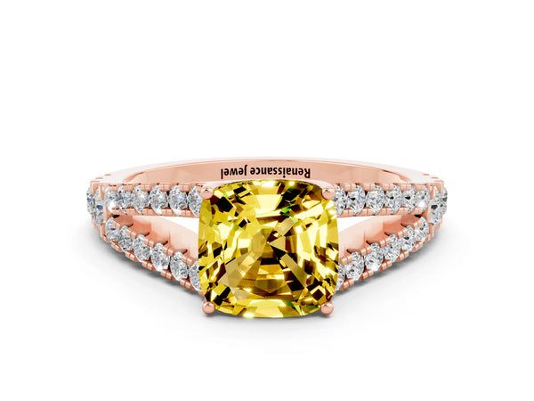 Rose gold Cushion Cut Yellow Sapphire Split Shank Pavé Engagement Ring with Four-Prong Setting
