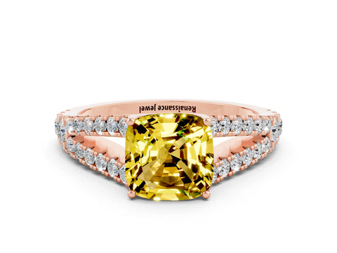 Rose gold Cushion Cut Yellow Sapphire Split Shank Pavé Engagement Ring with Four-Prong Setting_12