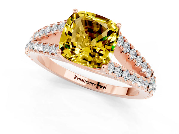 Rose gold Cushion Cut Yellow Sapphire Split Shank Pavé Engagement Ring with Four-Prong Setting