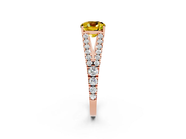 Rose gold Cushion Cut Yellow Sapphire Split Shank Pavé Engagement Ring with Four-Prong Setting