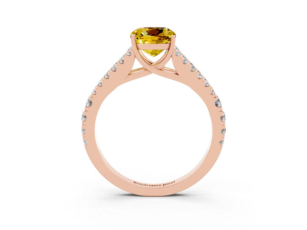 Rose gold Cushion Cut Yellow Sapphire Split Shank Pavé Engagement Ring with Four-Prong Setting