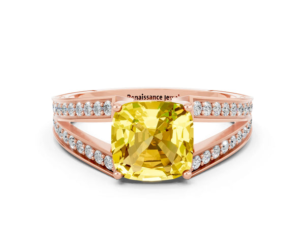 Rose gold Cushion Cut Yellow Sapphire Split Shank Ring with Pavé Band and Four-Prong Setting