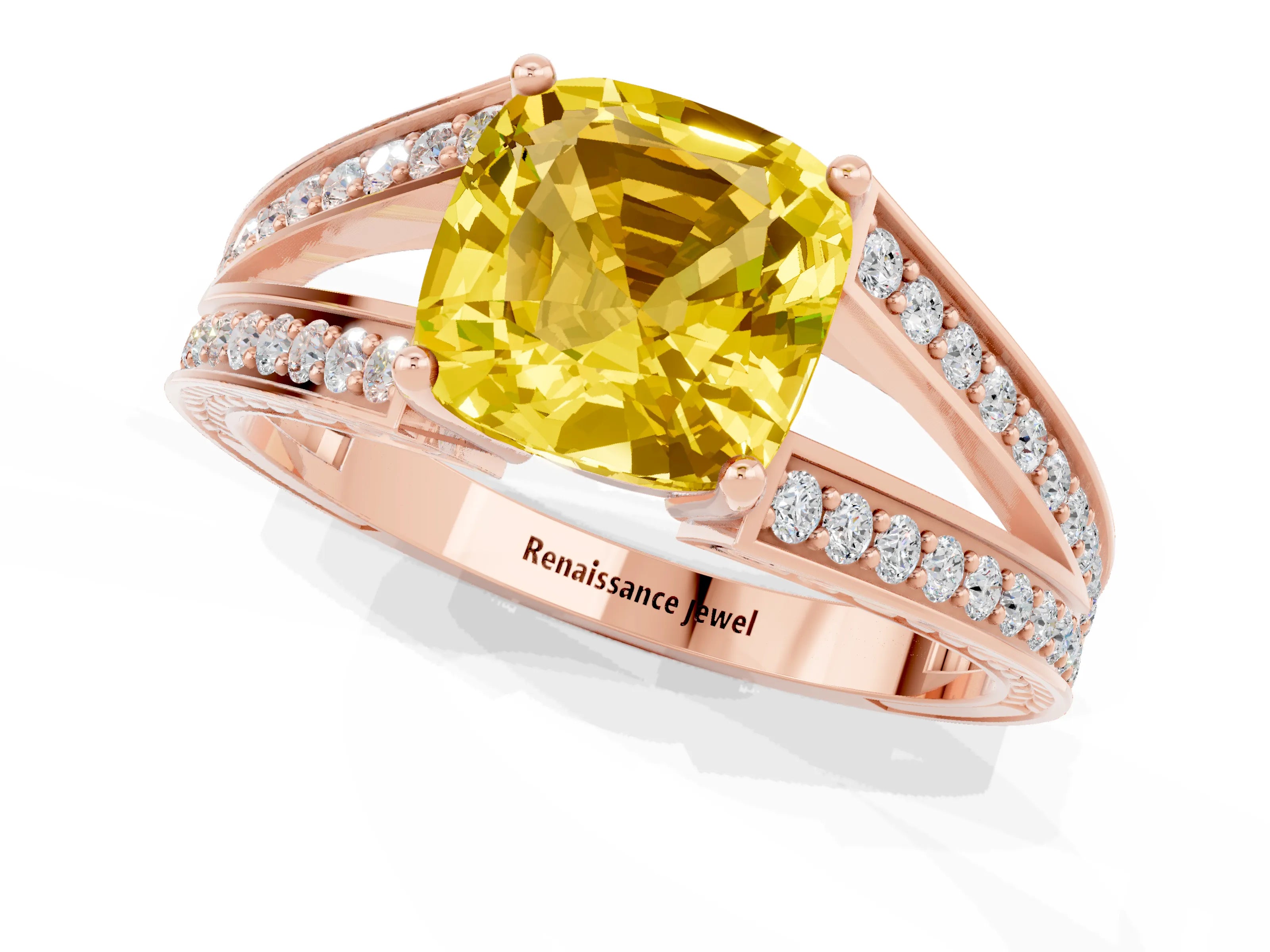 Rose gold Cushion Cut Yellow Sapphire Split Shank Ring with Pavé Band and Four-Prong Setting_1