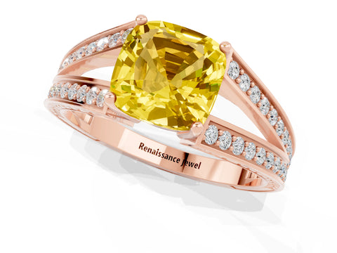 Rose gold Cushion Cut Yellow Sapphire Split Shank Ring with Pavé Band and Four-Prong Setting_1