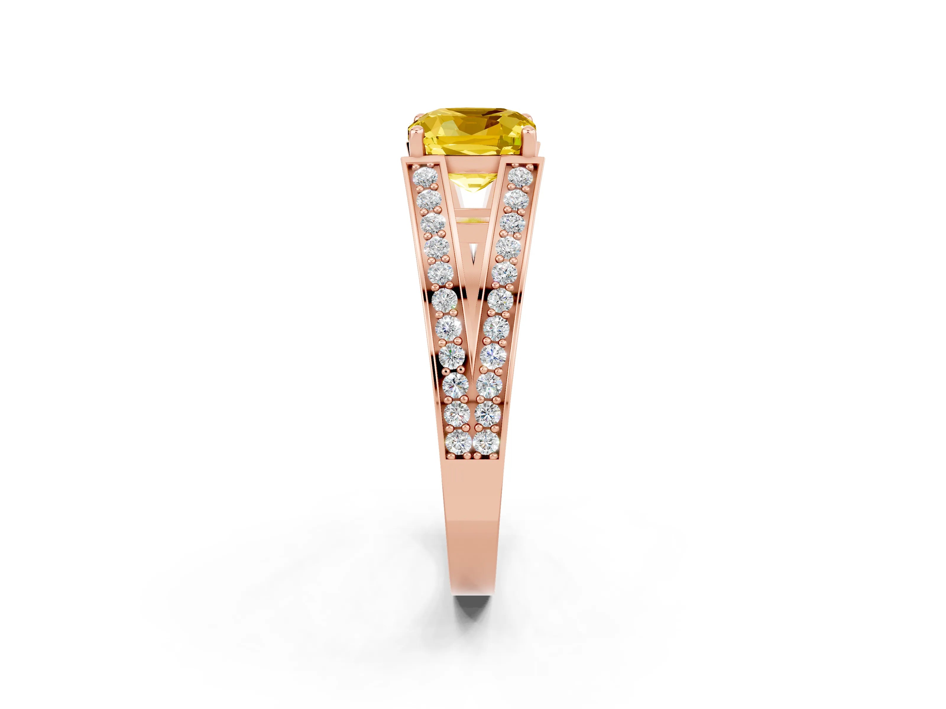 Rose gold Cushion Cut Yellow Sapphire Split Shank Ring with Pavé Band and Four-Prong Setting_2